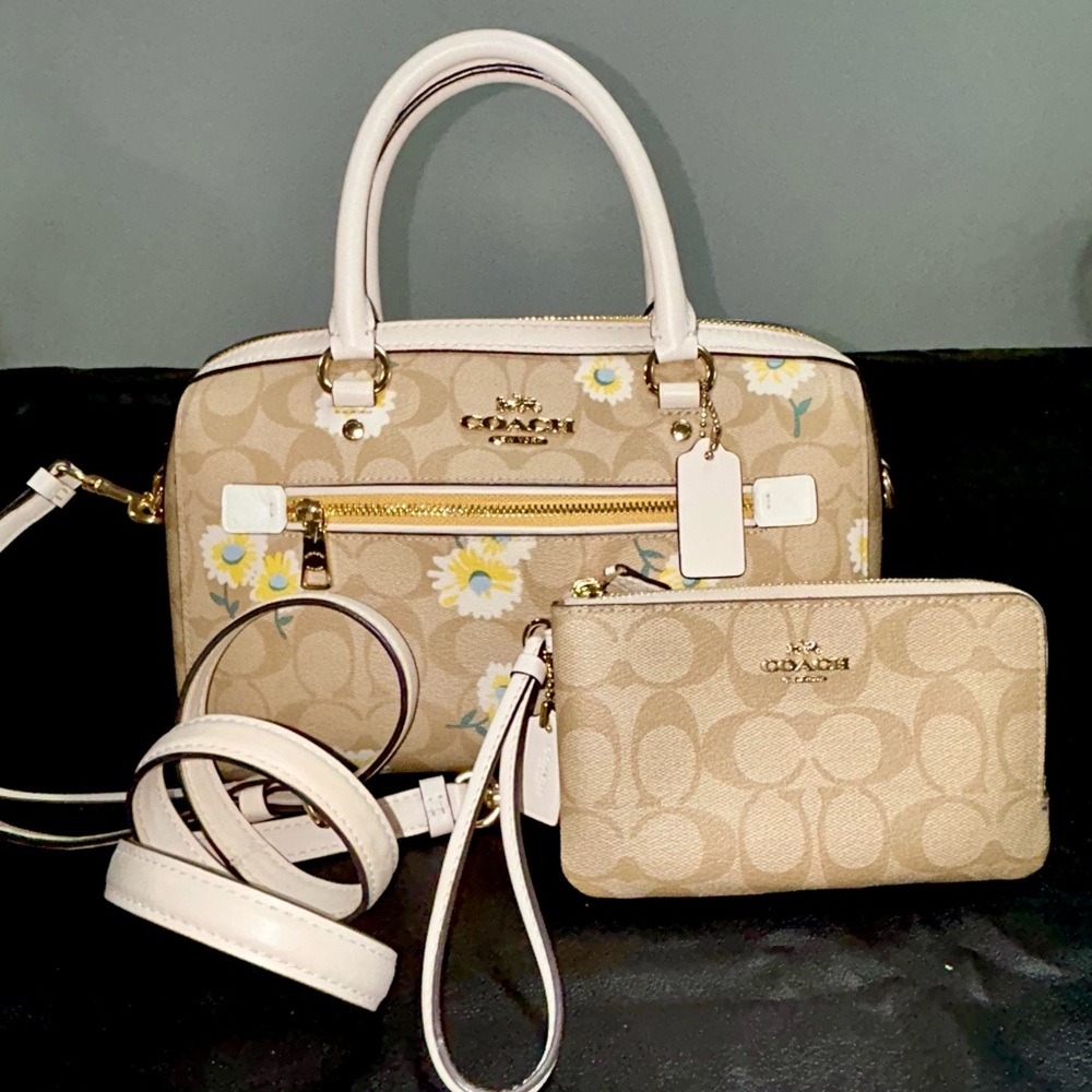 Coach Tan and White Flowered Satchel Shoulder Handbag with Signature Monogram